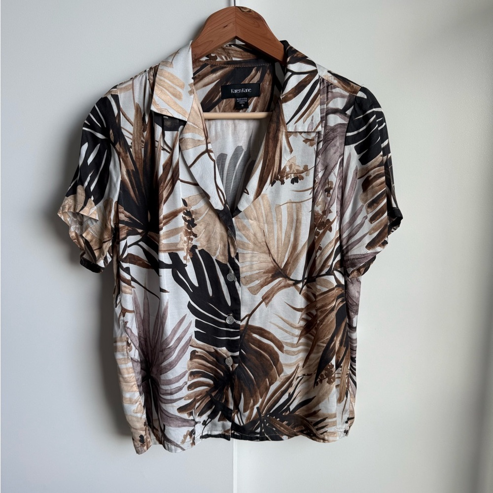 Karen Kane Vintage Palm Leaf Blouse • Neutral Tan Brown • Size S